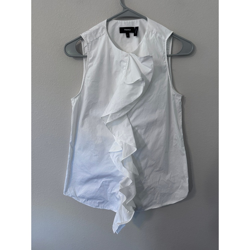 Theory Jastrid-Pearce Top S White Good Ruffle Sleeveless 100% Cotton Blouse